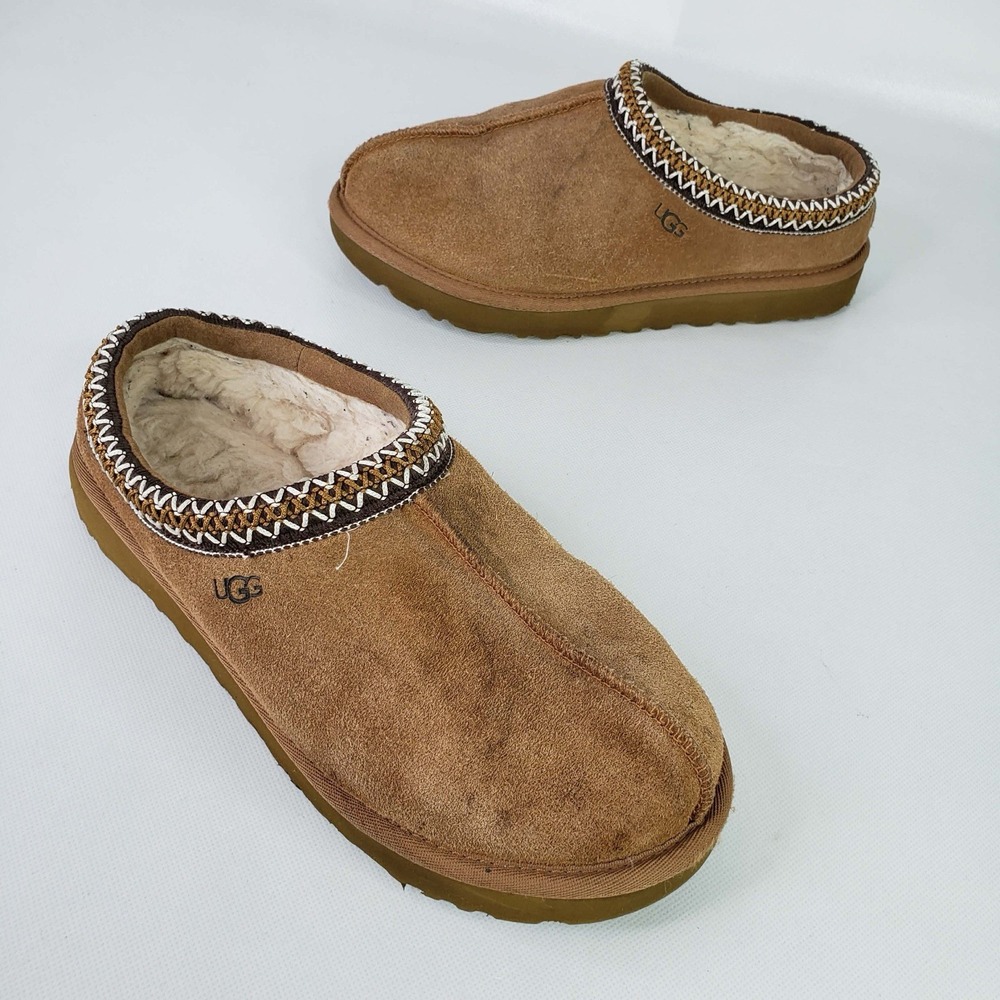 UGG Tasman Slipper Women's Size 8 Tan Suede Embroidered Braid Charcoal Comfort